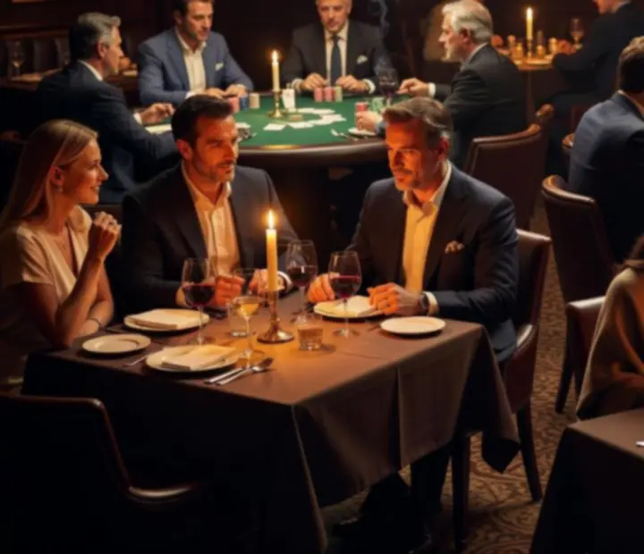 Wieczorna atmosfera restauracji z widokiem na elegancki pokerowy salon kart.