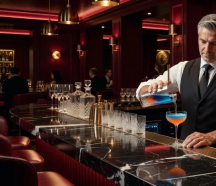 Elegancki bar z koktajlami i winami w wieczornym świetle