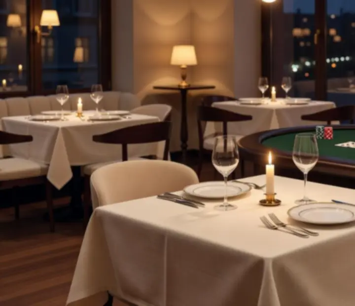 Eleganckie dania główne serwowane obok stołu pokerowego z kartami i żetonami w restauracji Przystanis Maku.
