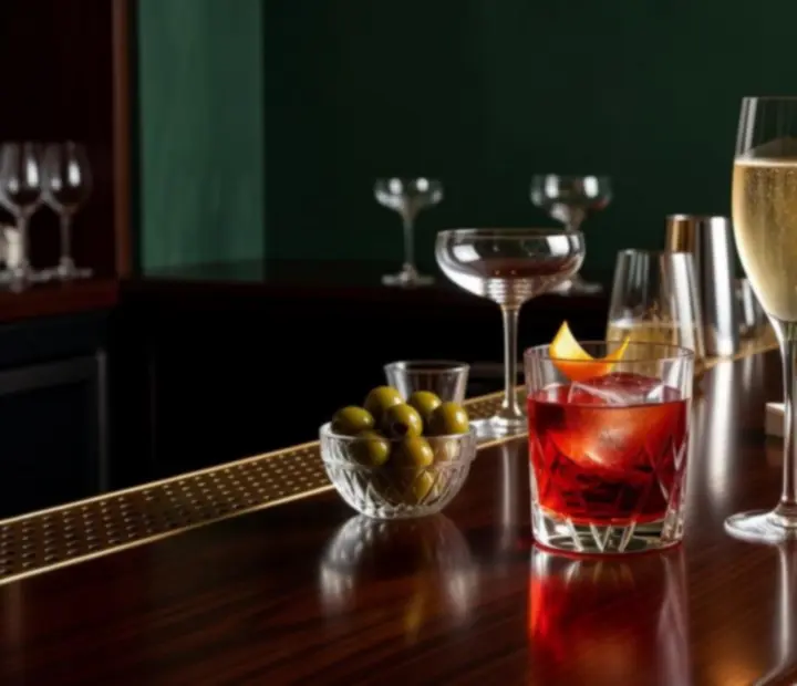 Klasyczny bar bistro z eleganckimi koktajlami na tle butelek