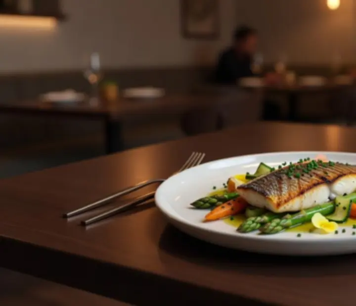 Elegancko zaaranżowane danie główne serwowane na tle nastrojowego wnętrza restauracji