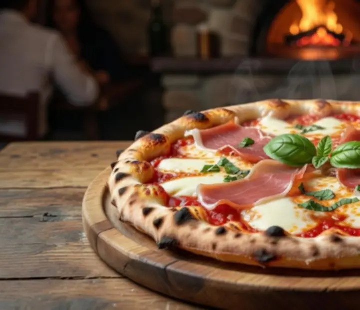 Włoska pizza z kamiennego pieca podana w eleganckiej restauracji, przygotowana na wieczór pokerowy.