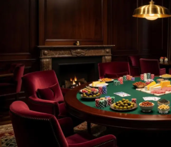 Przekąski serwowane przy stole pokerowym w eleganckim salonie kart