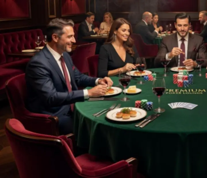 Stół pokerowy z kartami, żetonami i eleganckimi daniami serwowanymi podczas wieczoru