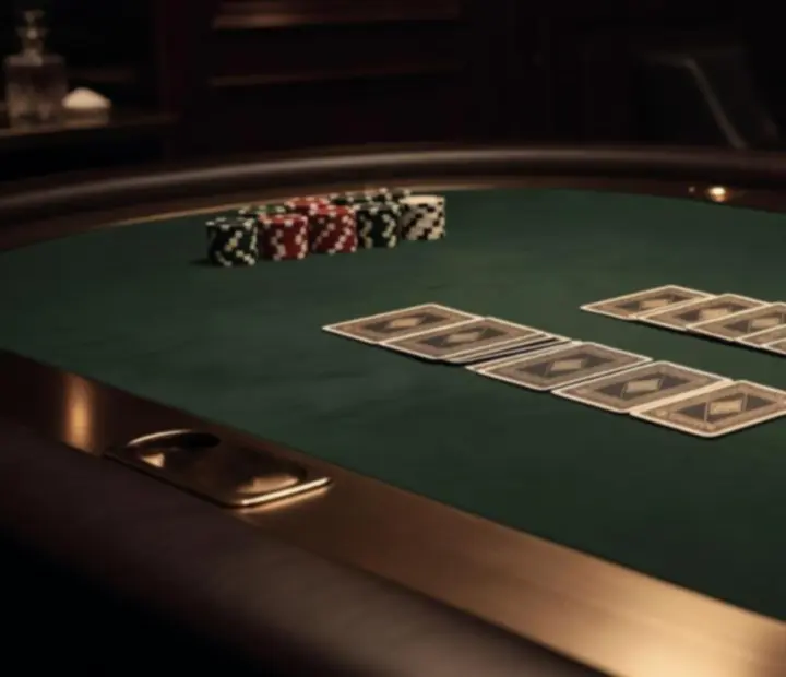 Profesjonalnie przygotowany stół pokerowy z kartami i żetonami