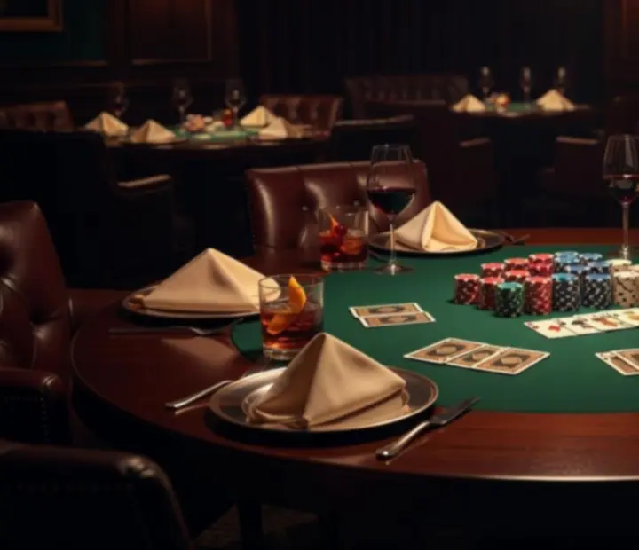 Wieczorny stół pokerowy z koktajlami, kartami i żetonami w eleganckim salonie