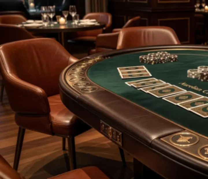 Stół pokerowy w eleganckiej restauracji, zielone sukno, karty i żetony.