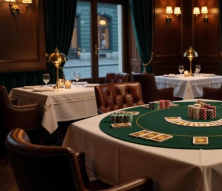 Eleganckie wnętrze restauracji z przygotowanym stołem pokerowym, kartami i żetonami
