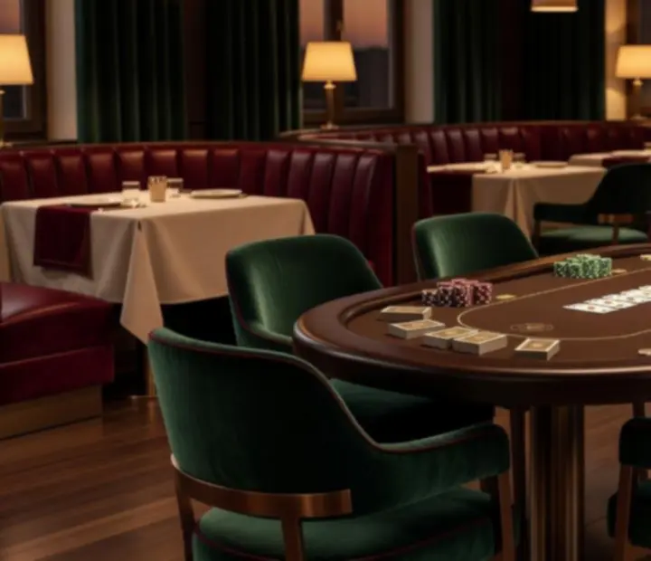 Elegancki salon kart w restauracji z oświetlonym stołem pokerowym, kartami i żetonami