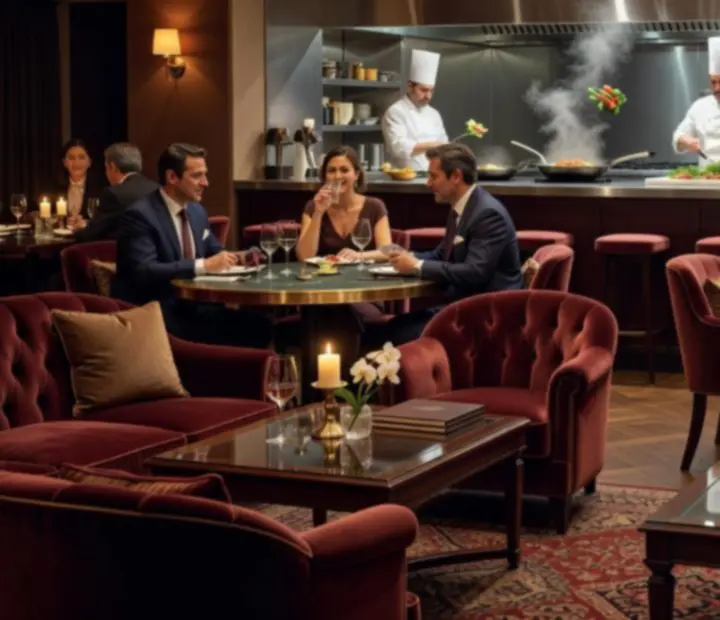 Salon pokerowy z widokiem na otwartą kuchnię restauracji.