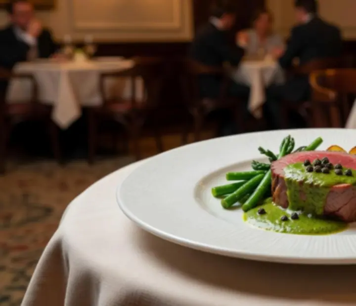 Polędwica wołowa sygnowana przez szefa kuchni, elegancko podana na wieczornym stoliku w restauracji