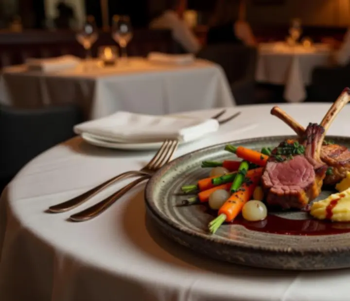 Specjał szefa kuchni elegancko podany na talerzu w restauracji z atmosferą pokerowego salonu.