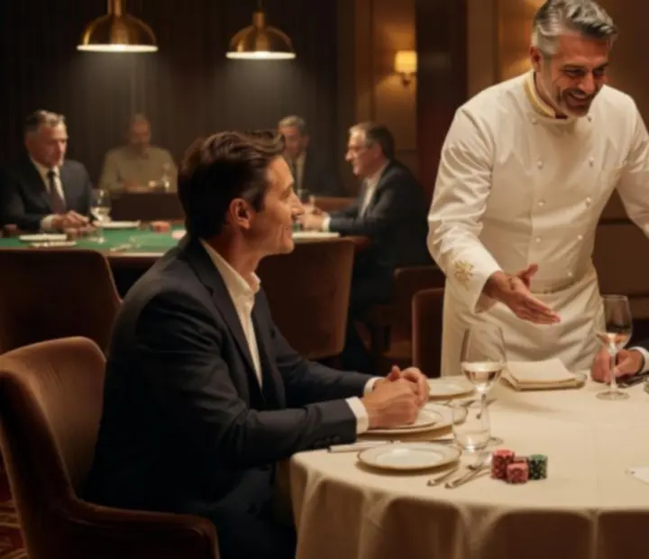 Szef kuchni rozmawiający z gośćmi w eleganckiej restauracji