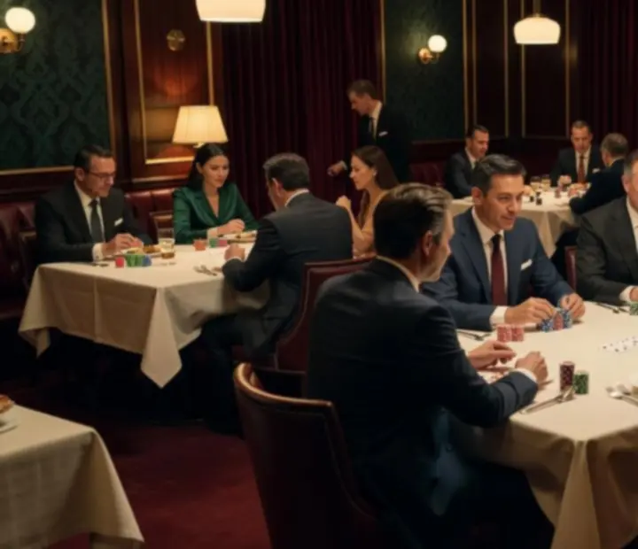Wnętrze restauracji podczas wieczoru pokerowego, z miękkim oświetleniem i eleganckimi stołami