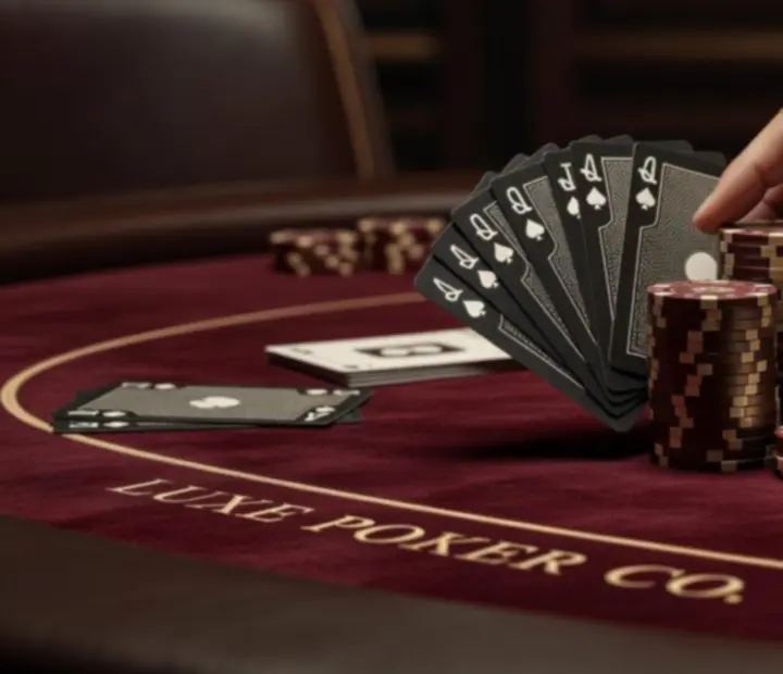 Detal eleganckich żetonów i kart pokerowych na stole w restauracji